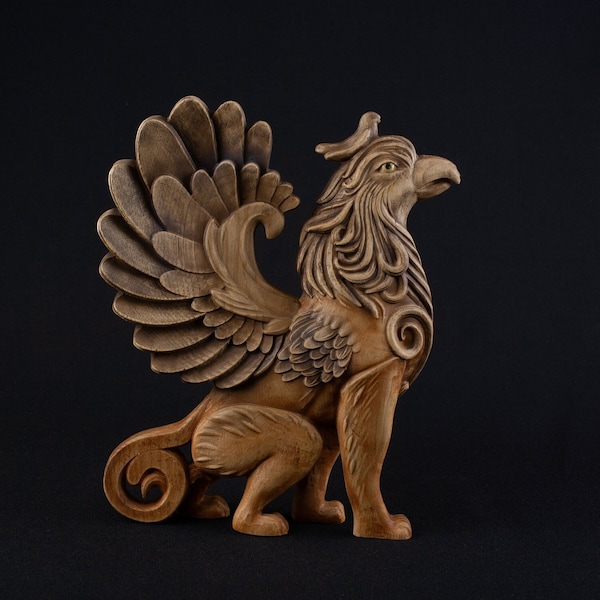 Griffin sculpture Gryphon Griffin statue Greek statue Mythical creatures Fantasy creature Greek mythology decor Wood sculpture Wooden statue