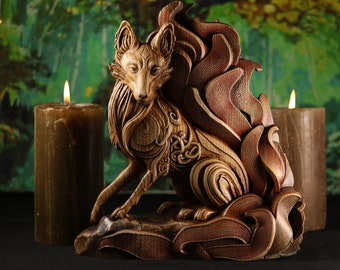 Japanese fox Kitsune fox Fire fox, Fox statue Wooden fox Kitsune figurine Mythical creatures Japanese art Japanese mythology Nine-tailed fox