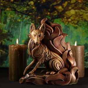 Japanese fox Kitsune fox Fire fox, Fox statue Wooden fox Kitsune figurine Mythical creatures Japanese art Japanese mythology Nine-tailed fox