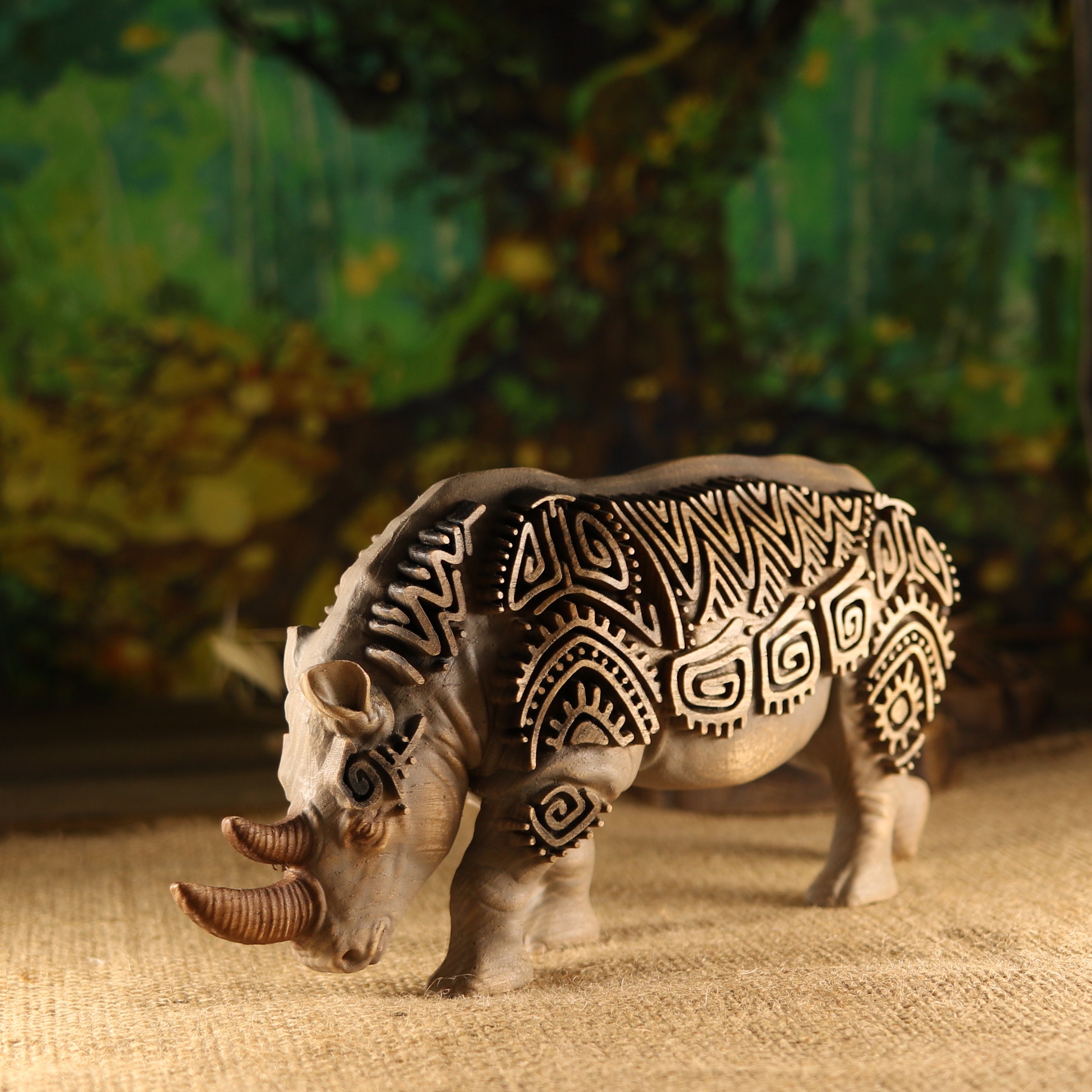 置物 rinshan Rhino Statue Figurine, Wood Carving African Tribal Decor Animal