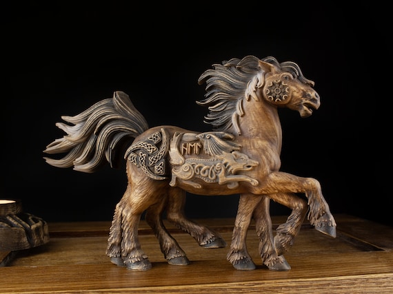Odin's Sleipnir Horse Sculpture: Norse Pagan Wood Carving