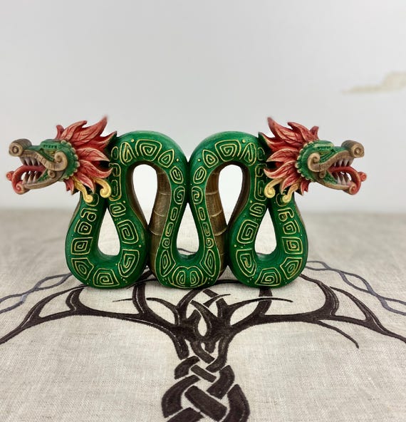 Two Headed Serpent Wood Carving, Quetzalcoatl Aztec Mythical Statue for Pagan Altars & Mystical Decor