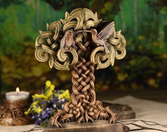 Carved Celtic Tree of Life Statue: Ash Wood Hummingbird Figurine