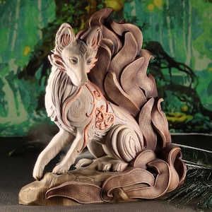 Wooden Kitsune Fox Figurine: Japanese Mythology Statue