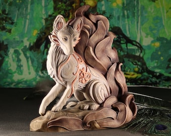 Wooden fox Fox figurine ,Red fox Kitsune statue Japanese fox Anime figurine, Japanese mythology Mythical creatures Kitsune figurine Fox art