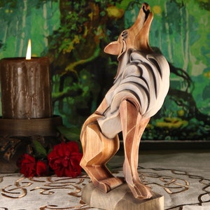 Wooden Wolf Statue: Hand Carved Ash Tree Figurine