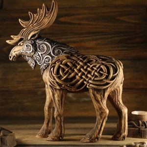 Norse pagan, Moose statue, Elk, Norse mythology, Wooden moose, Moose ornament, Moose sculpture, Viking Moose decor Wood carving Celtic knot Brown and silver