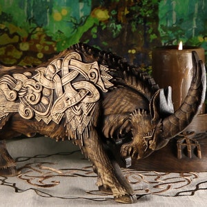 Carved Wood Viking Goat Statue: Norse Mythology Decor