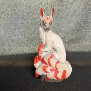 Wooden Kitsune Fox Statue: Japanese Mythology Figurine
