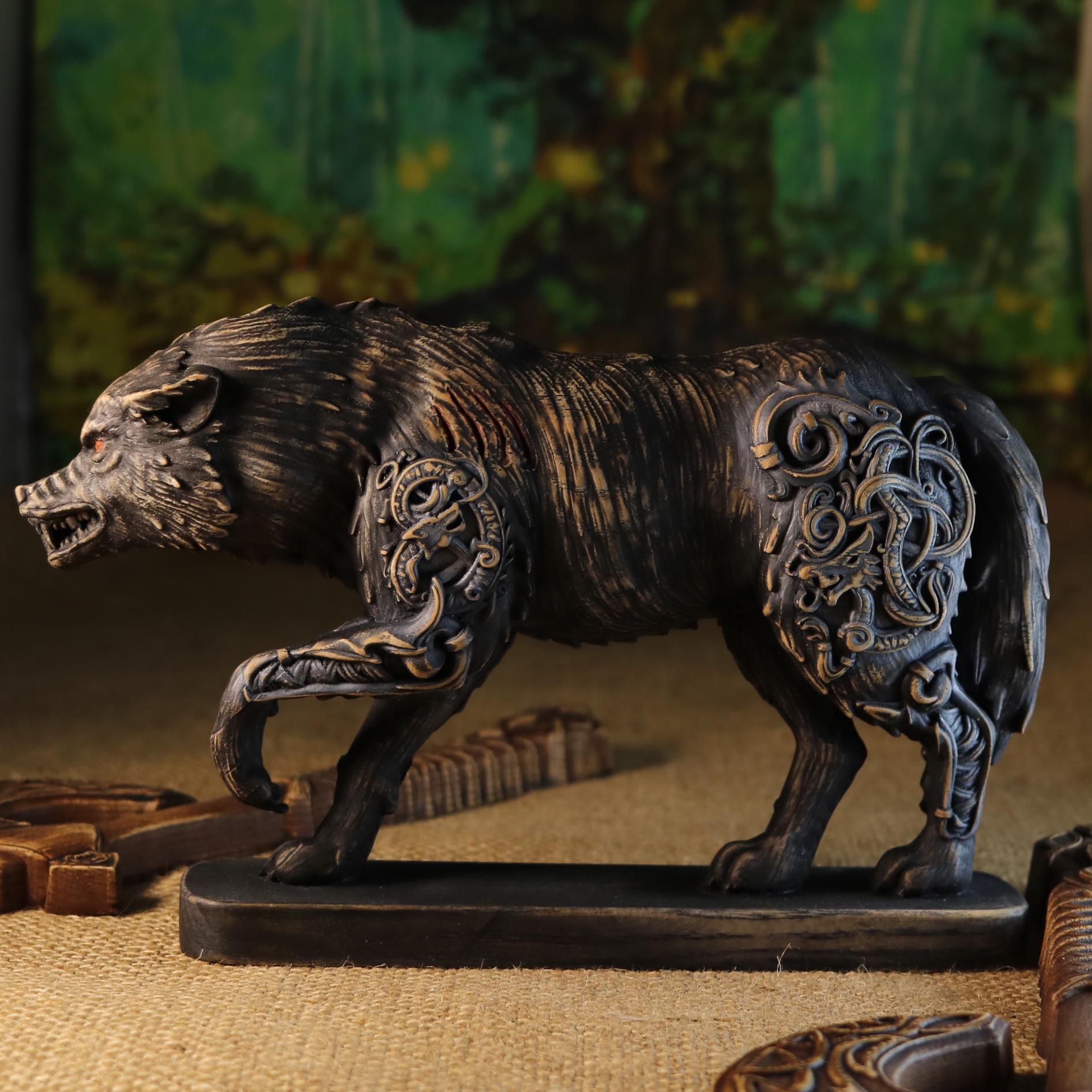 Wolf statue Fenrir Viking Norse mythology Viking wolf Wolf fenrir Norse wolf Viking knot Celtic knot Wolf decor Wolf art Carved wolf