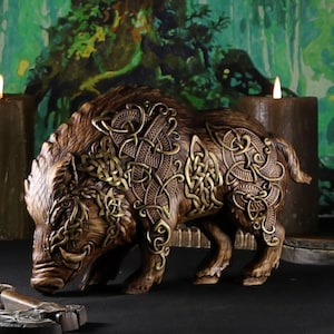 Gullinbursti Statue: Wooden Celtic Boar, Norse Decor Wood Carved