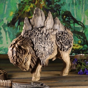 Bison figurine Bison statue Bison carving American Buffalo statue  Buffalo sculpture Norse pagan Celtic knot Wood carving Norse mythology