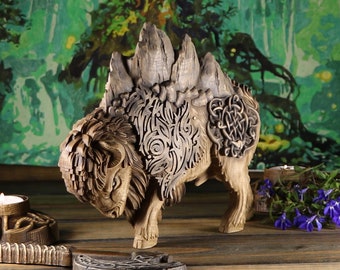 Bison Statue: Norse Pagan Buffalo Celtic Carving