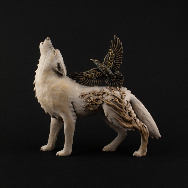 Wolf and raven, Raven statue, Wolf statue White wolf Howling wolf Viking wood carving Norse mythologyViking decor Wood sculpture Norse pagan