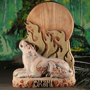 Wood Carved Okami Amaterasu Statue: Japanese Sun Goddess Decor