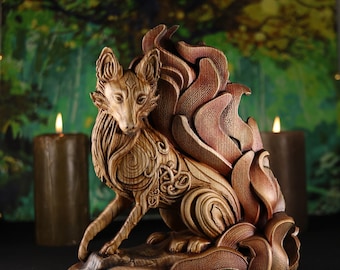 木製キツネ彫刻 尾5本 ブラウン Fox carving is completed and heading Boston MA now😉 . Wood: Alder