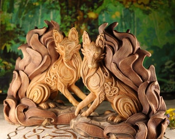 Kitsune Fox Couple Statue: Celtic Carved Japanese Mythology Deity