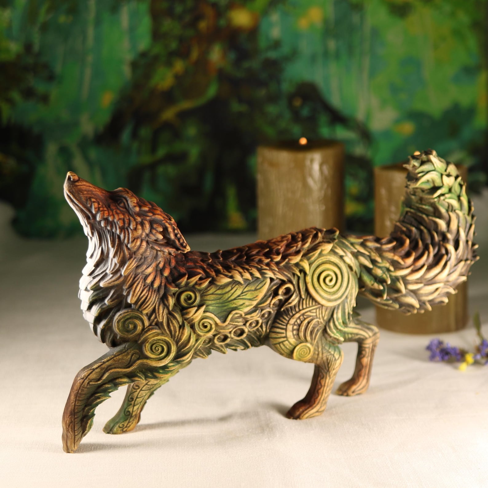 Fox Figurine Statue Wood Carving Sculpture : Folk Art Forest Animal ...