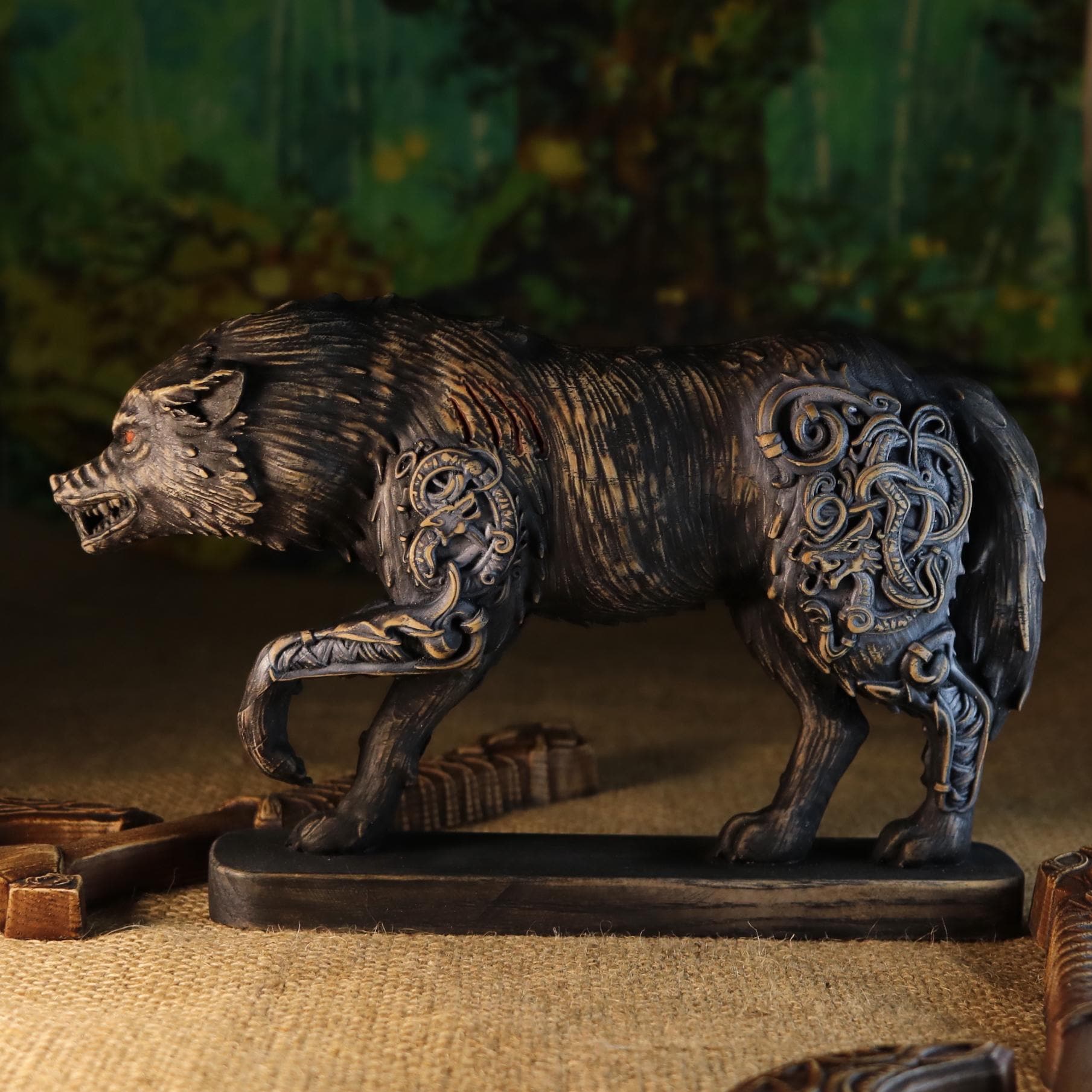 Wood Fenrir Statue: Handmade Ash Viking Wolf, Norse Mythology