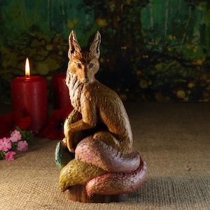 Handmade Wooden Kitsune Statue: Japanese Fox Mythology Decor