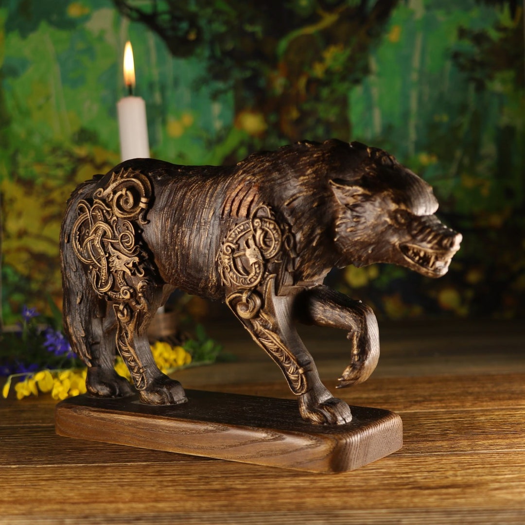 Viking Wolf Statue: Fenrir, Celtic Knot Wood Carving - Etsy