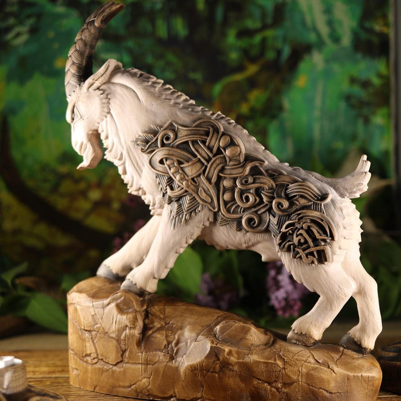 Viking Goat Statue: Norse Mythology Wood Carving With Viking Knot