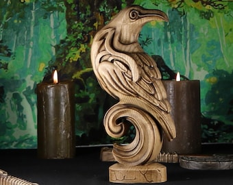 Raven Statue: Hand Carved Sculpture, Norse Decor