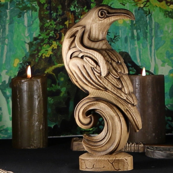 Raven Statue: Hand Carved Sculpture, Norse Decor