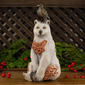 White bear and raven statue, Carved wooden bear, Wooden bear statue Viking bear Celtic bear Bear wood carving Norse mythology Norse Wikinger