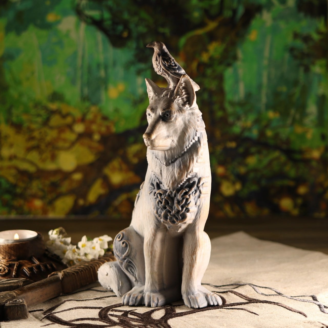 狼とカラスの像：ケルト北欧神話の装飾木彫り白 - Etsy 日本