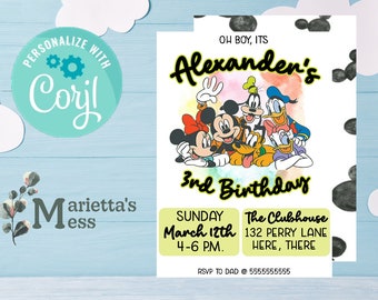 Mouse and Friends Watercolor Birthday Invitation | Edit and Print at Home Digital File