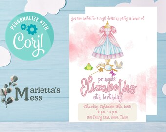 Pink Princess Dress Up Birthday Invitation | Edit and Print at Home Digital Download