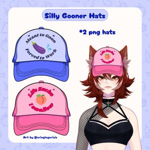 May include: Digital artwork showcasing two baseball caps. One is blue and white with an aubergine graphic and the text "Meant to Goon, Forced to Work." The other is pink with a peach graphic and the text "Life Sucks I Swallow." A person is wearing a pink hat.