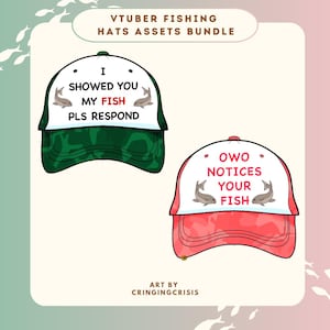 May include: Two white baseball caps with green and pink camouflage designs. The front of the caps have text and images of fish. The green cap says "I showed you my fish pls respond" and the pink cap says "owo notices your fish".