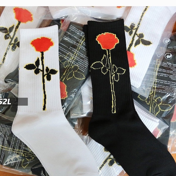 Rose Embroidery Cute Socks - Trending Unisex Crew Socks, Black/White Cotton - Free Size, Middle Length, Size 37-44