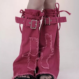 Cotton Leg Cover with Denim Strap ONE SIZE Unique Style and Design Trendy & Fashionable Outfit Boot Covers Black ,Pink Colours image 2