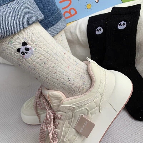Adorable Panda Embroidered Couple Mid-Calf Socks, Charming and Cozy Matching Pair for Trendy  Toes, Unveil Irresistible Style.