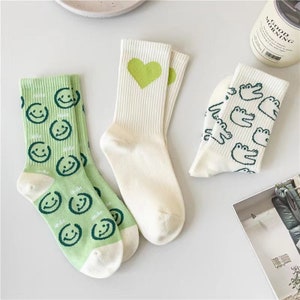 Cute Embroidery White Socks - Trending Unisex Ankle/ Crew Socks, White Cotton - Free Size, Middle & Short Length (Love , Smile , Crocodile)