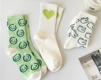 Cute Embroidery White Socks - Trending Unisex Ankle/ Crew Socks, White Cotton - Free Size, Middle & Short Length (Love , Smile , Crocodile)