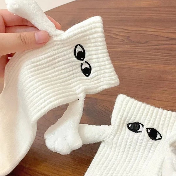MAGNETIC LOVERS HOLDING Hands Socks | 3D Doll Design | Cute White Cotton | Unisex | Anklet / Quarter Length