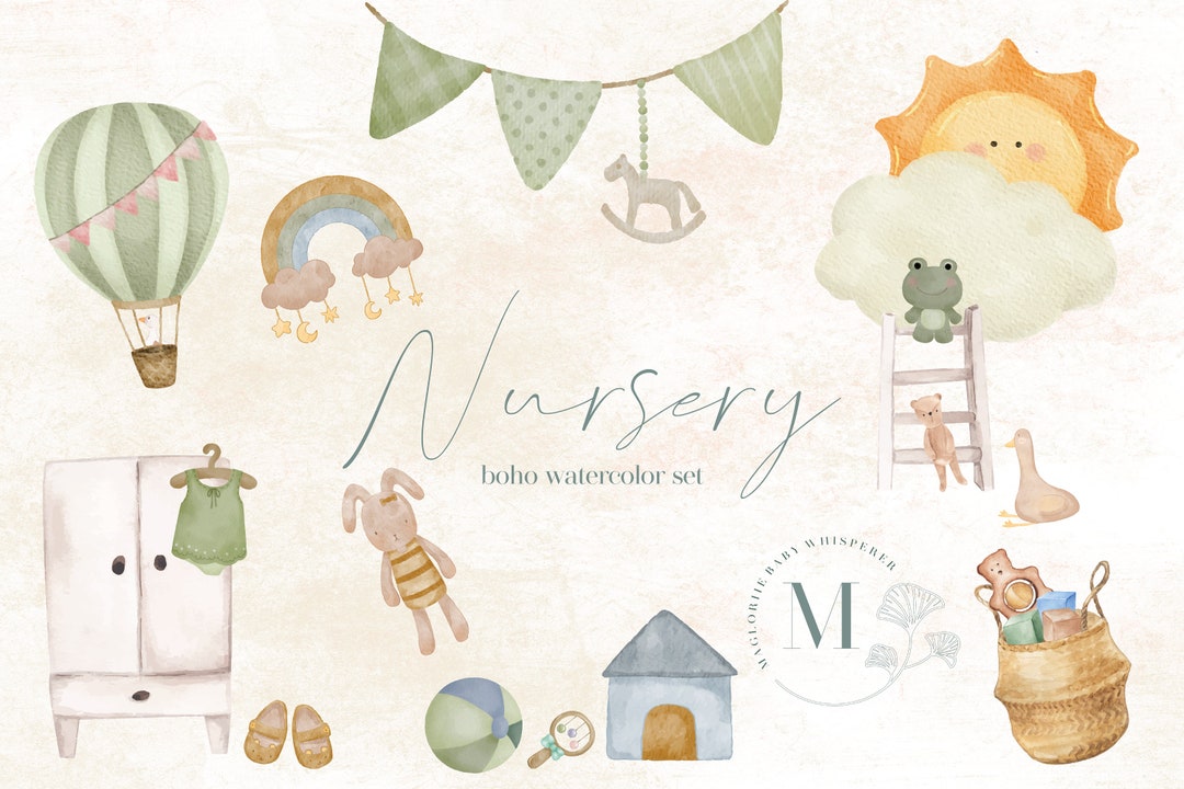 Boho Nursery Watercolor Clipart Set, Baby Graphics (digital Download ...