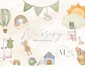 Boho Nursery Watercolor Clipart Set, Baby Graphics (Digital Download)