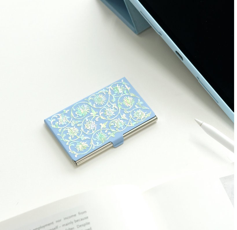Business Card Holder_blue Peony Vine , Mother of Pearl, Gift for Women ...