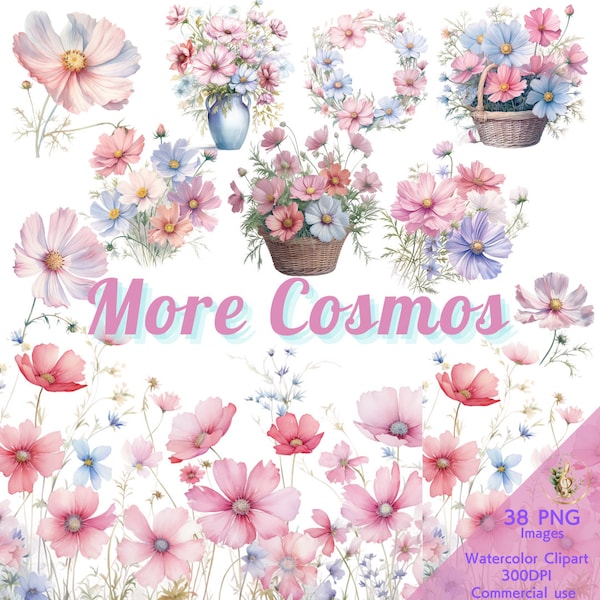 Wild cosmos Clipart Watercolor Wild Flowers, Pink Cosmos, Wedding Clipart, Watercolor Floral Border, Cosmos, Botanical Wildflower, PNG