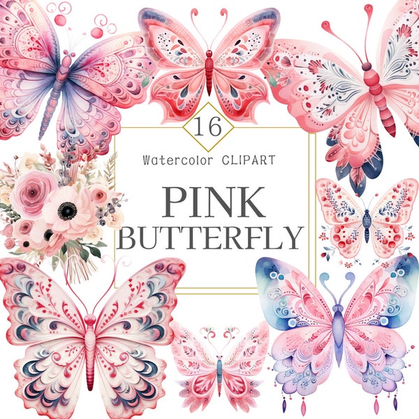 Pink butterflies Clipart Pack, transparent png clipart, Watercolor Butterfly Clipart, Illustrations and Graphics, Commercial use, Light Pink