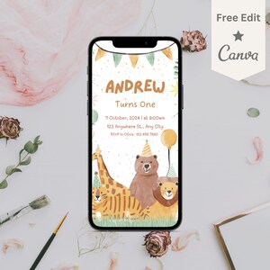 Digitale uitnodiging verjaardagsfeestje dierentuin dier thema | Evite-canvasjabloon | Verjaardag mobiele dierentuin | Elektronische verjaardagsuitnodiging per sms: