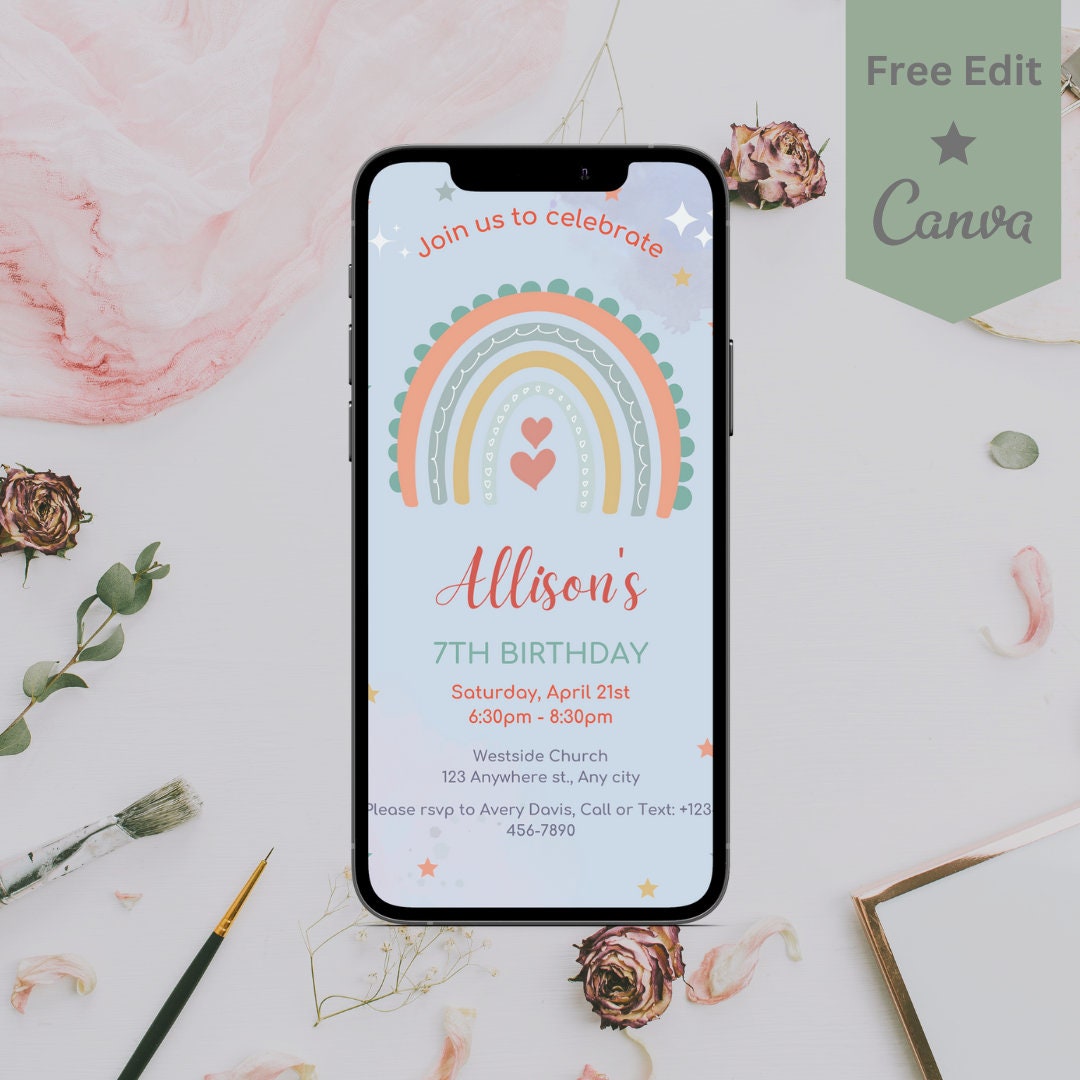 Rainbow Birthday Evite | Text Email Invitation Template | Canva | Girl ...