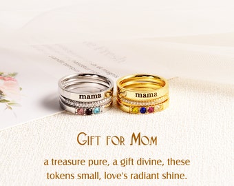 Mama Name Ring Set Personalized Name and Birthstone Rings 1~7 Birthstones Stackable Rings Gift for Mom, Mother's Day Gift