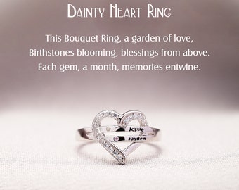 Heart Ring, Personalized Name for Mother's Day, Engraving Name Diamonds Ring in Sterling Silver, High Quality Custom Ring, Thanksgiving Gift