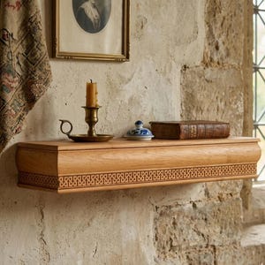 May include: A light oak shelf with a patterned border is fixed to a stone wall. A lit candle in a brass holder, a small ceramic jar, and a leather-bound book are on the shelf. A framed portrait and a tapestry hang above.